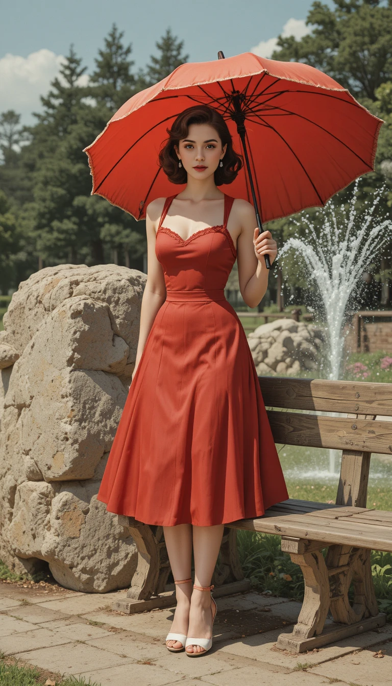 簡約公園長椅旁的俏皮復古 Pin-up 女郎