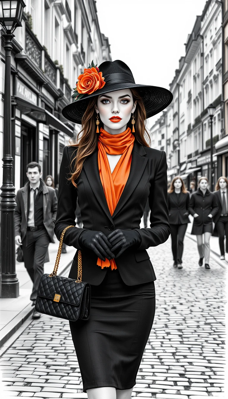 Mulher elegante de terno preto em rua de paralelepípedos em Paris