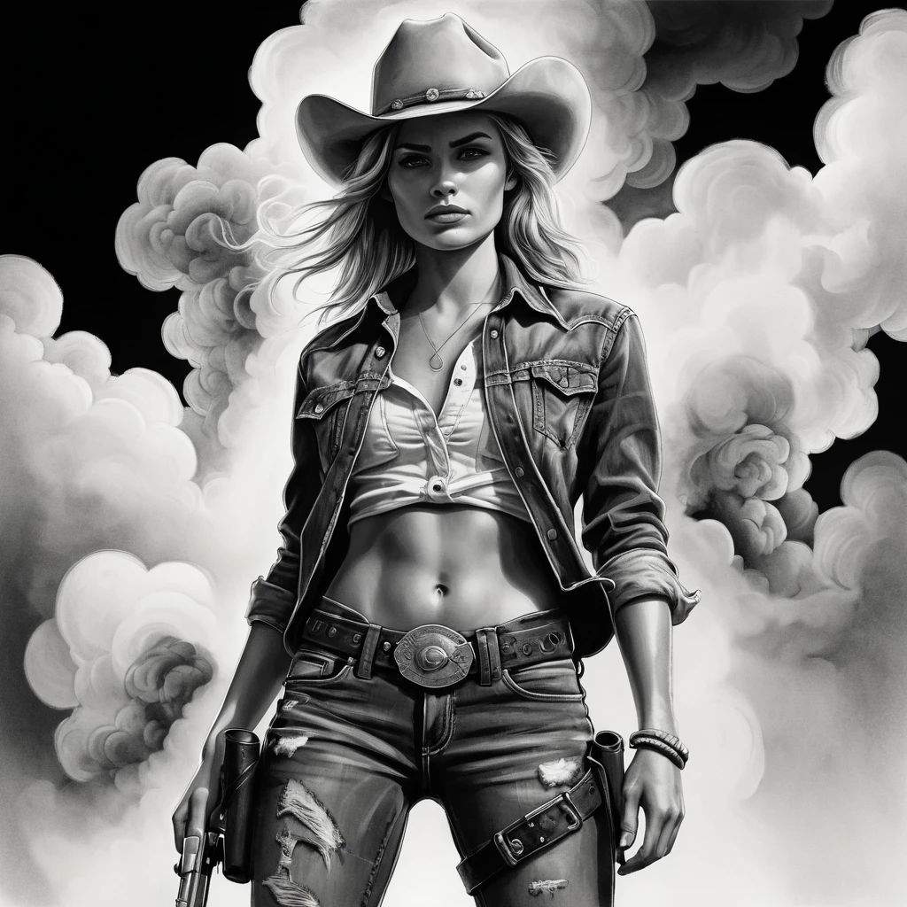 Monochrome Cowgirl, die mit Revolver durch wirbelnden Rauch geht