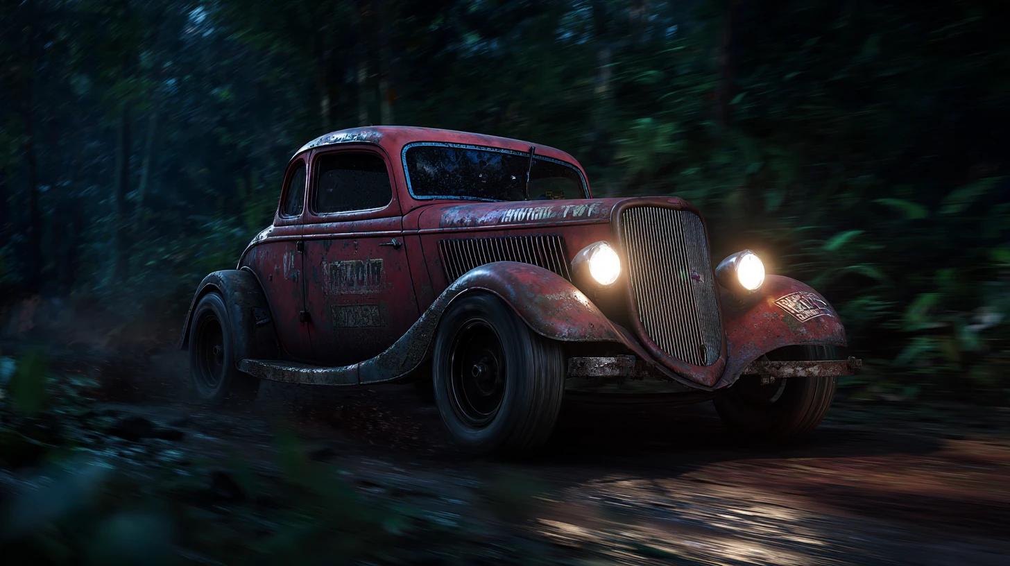 Coupé Ford del 1934 arrugginito che corre lungo un sentiero boschivo oscuro