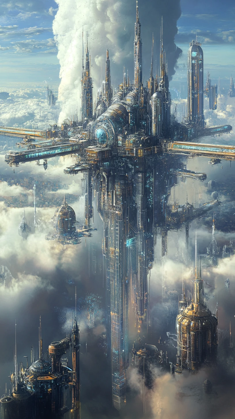 Majestic steampunk city rising above a sea of clouds