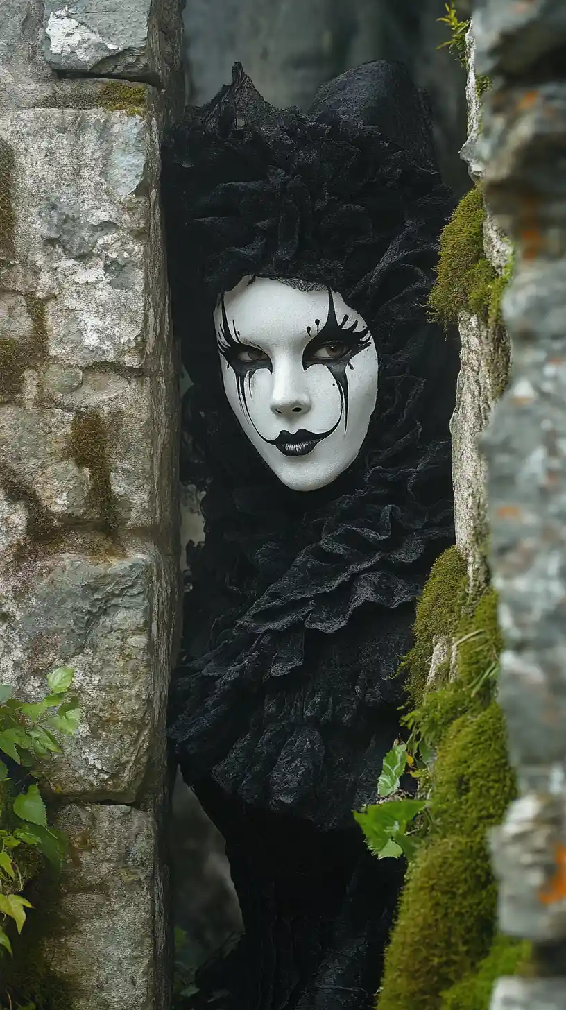 Harlequin figure in black and white amid ancient castle ruins