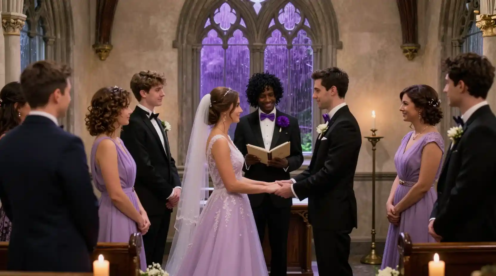 Jeune couple se tenant la main dans une chapelle de mariage gothique
