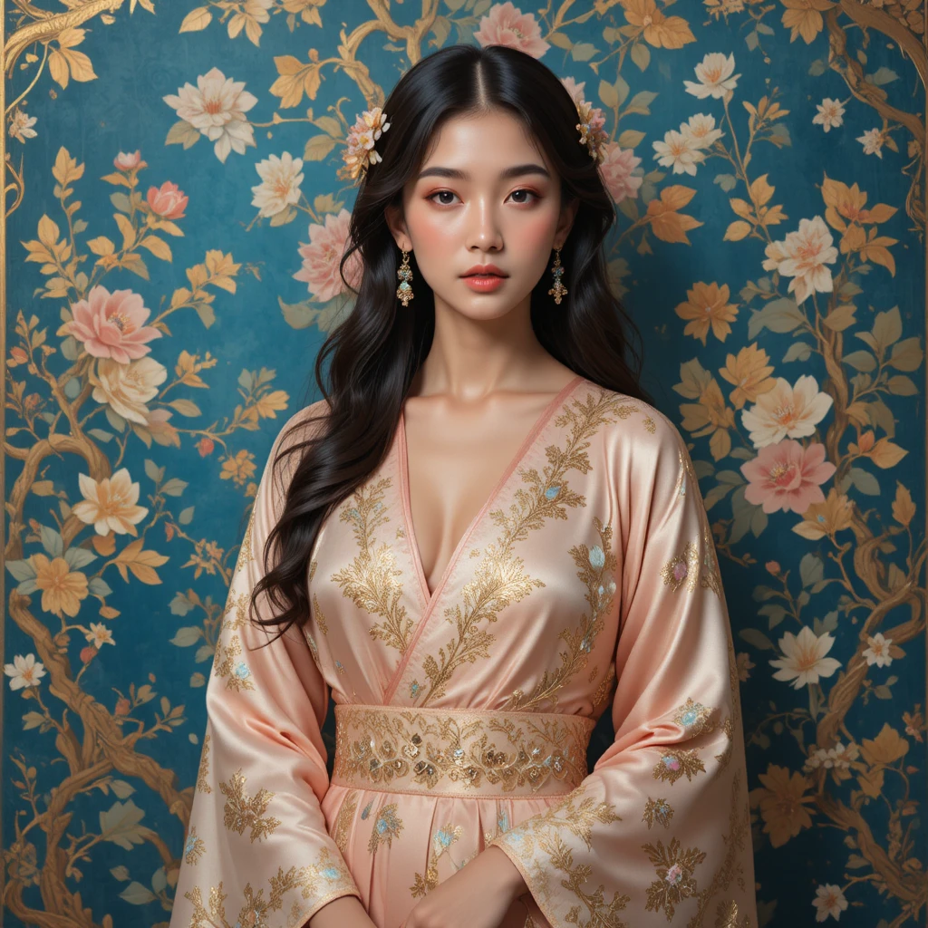 Elegant woman in floral kimono before blue and gold tapestry
