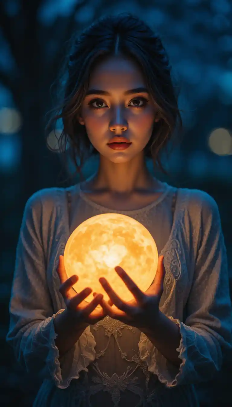 Mujer sosteniendo un orbe brillante en una escena nocturna oscura