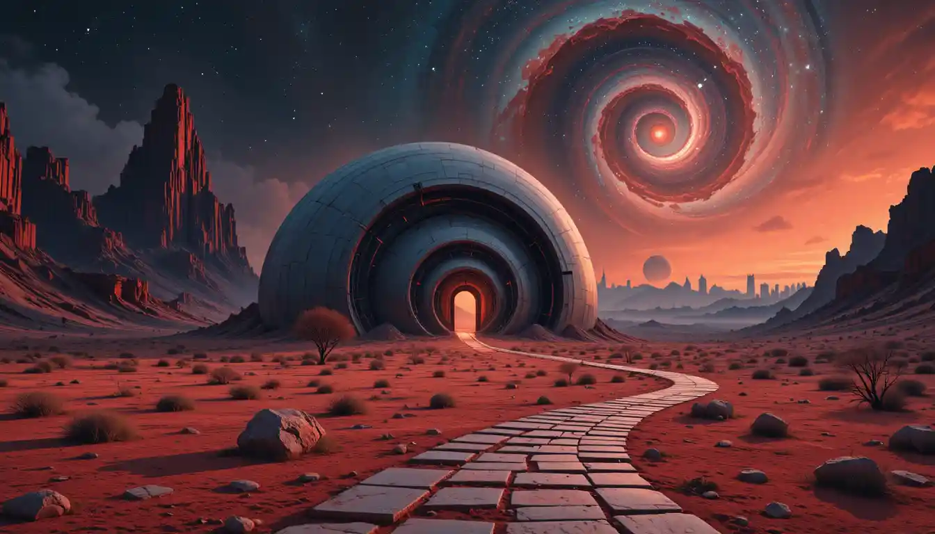 Futuristic spiral building glowing in a quiet desert night