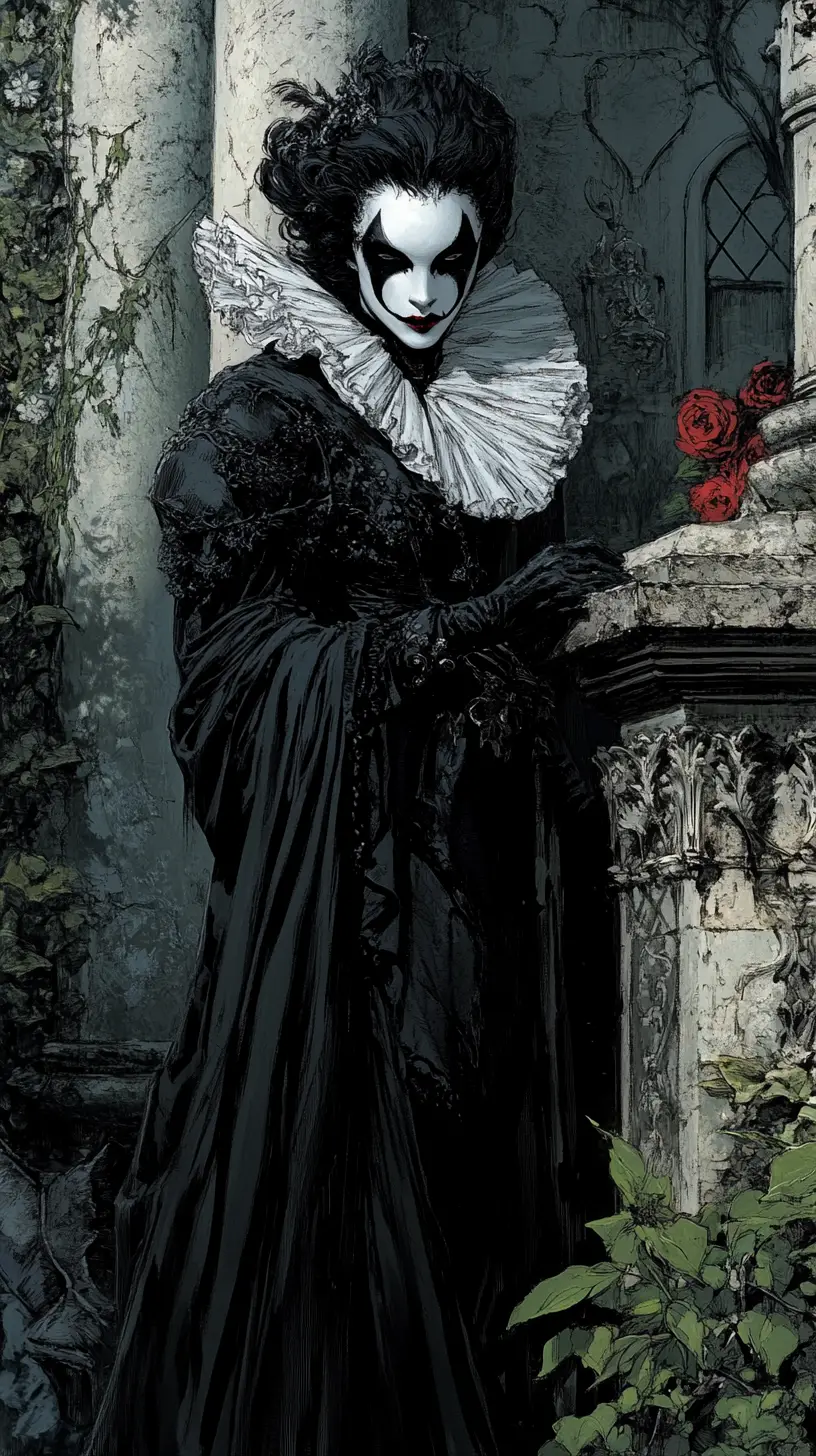 Lone harlequin in overgrown ruins of an ancient castle