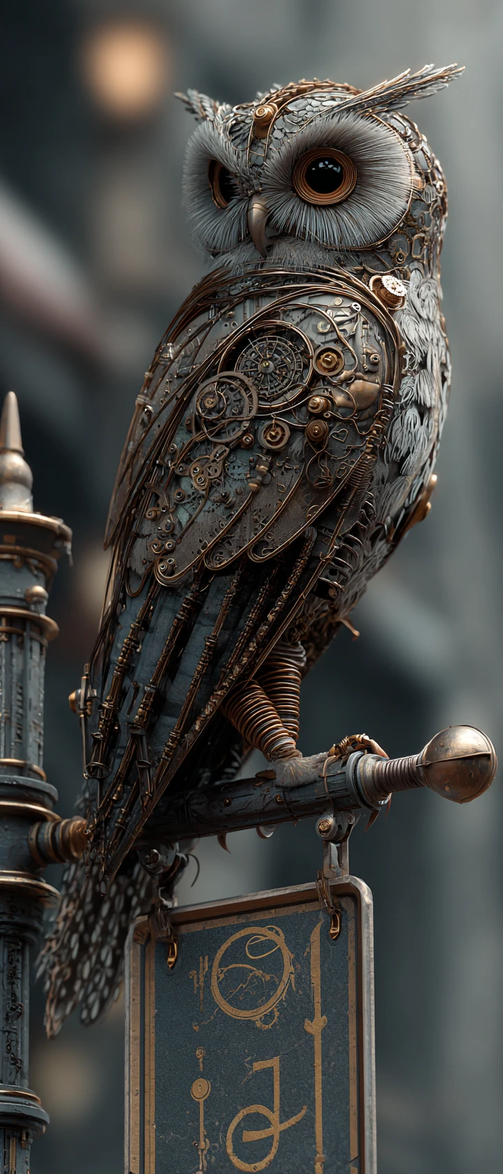 Mechanical steampunk owl perched on sign in ancient city