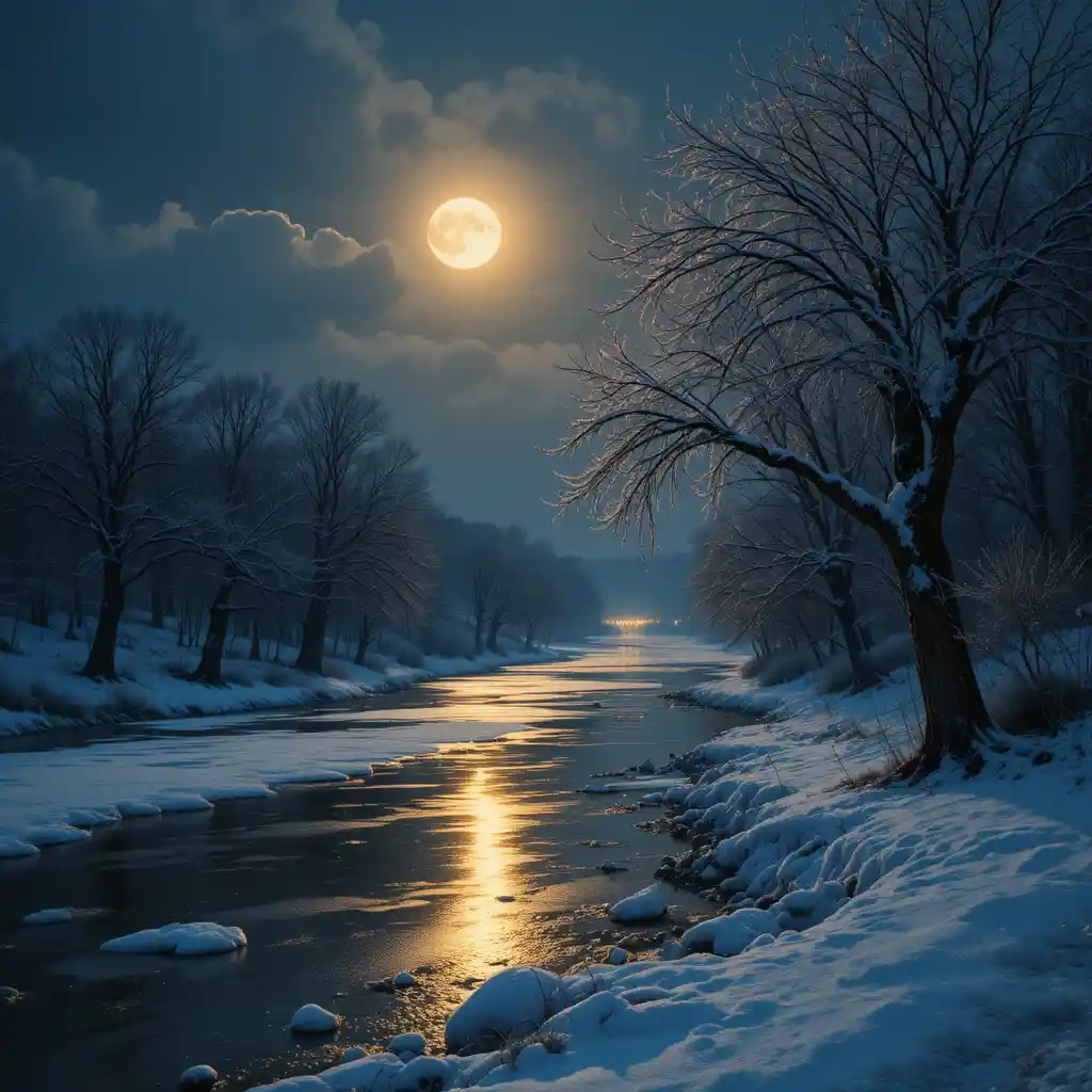 Full moon over a frozen winter river at night