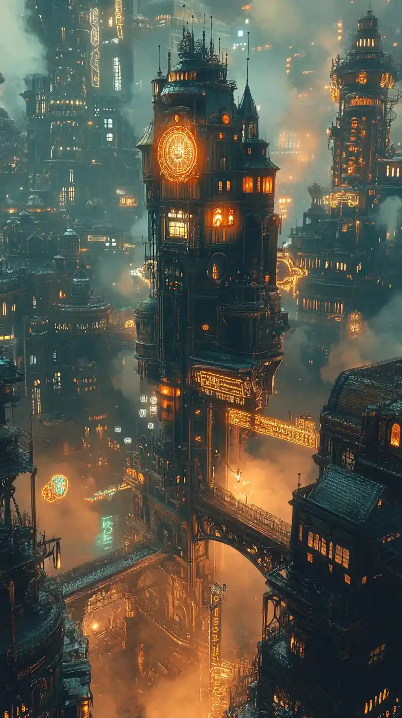 Majestätisches Glas- und Wasserhaus über einer Steampunk-Stadt