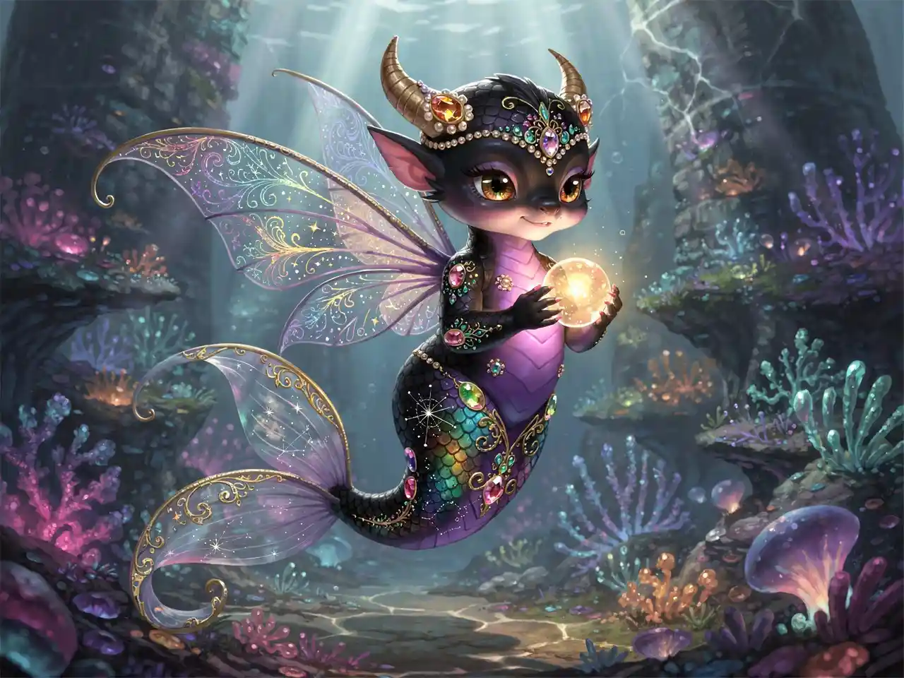 Bébé dragon sirène iridescent dans un royaume sous-marin enchanté