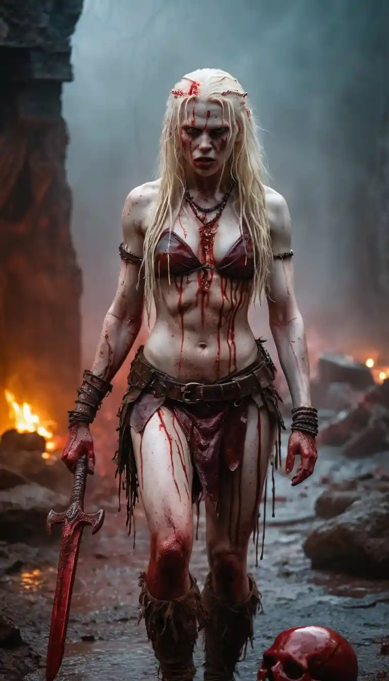 Albino barbarian woman standing in blood soaked battlefield