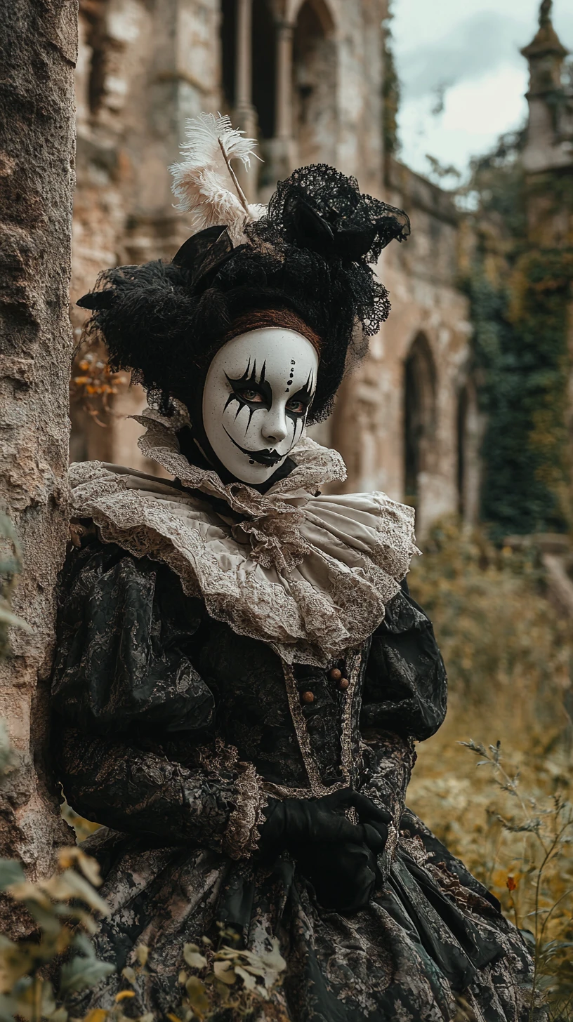 Lone harlequin in black and white amid ancient castle ruins