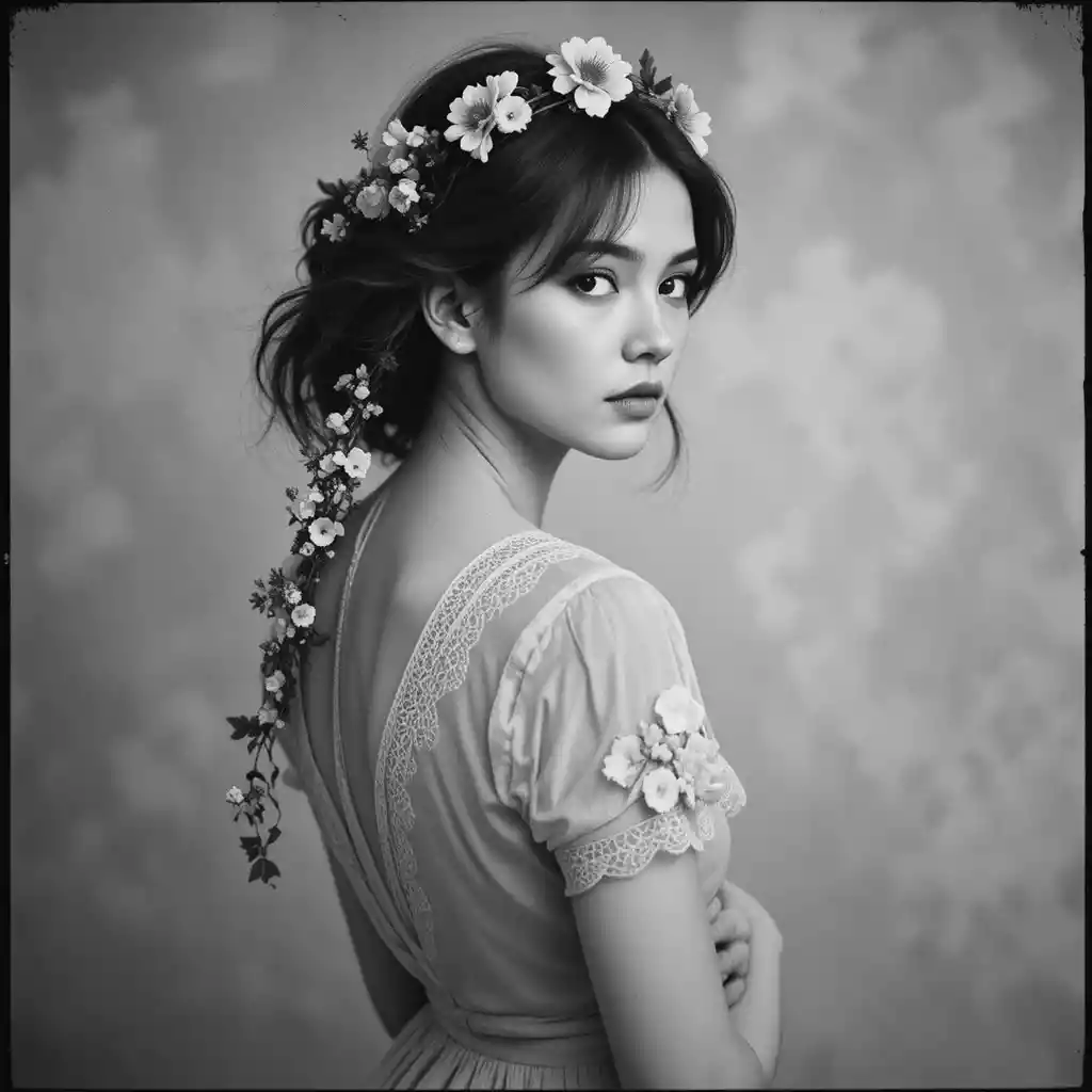 Monochrome portrait of a young woman with floral crown