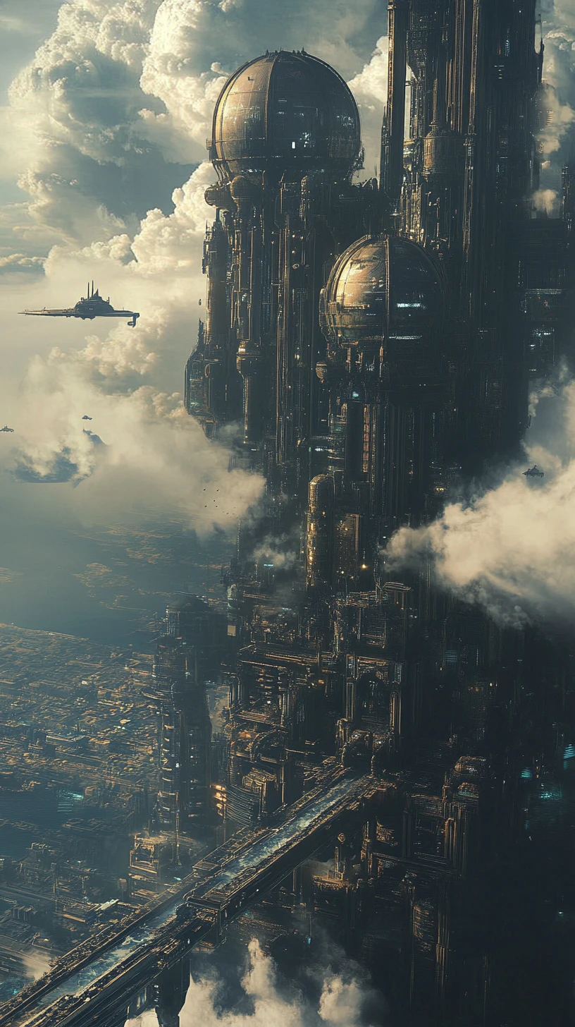 Majestic steampunk city rising above the glowing clouds