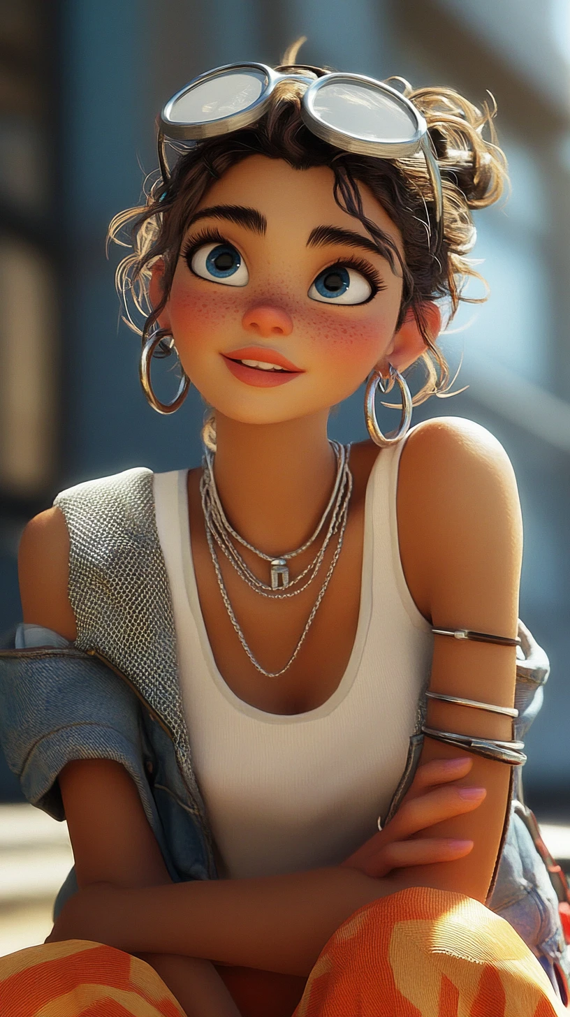 Pixar style girl in denim jacket and orange sweatpants