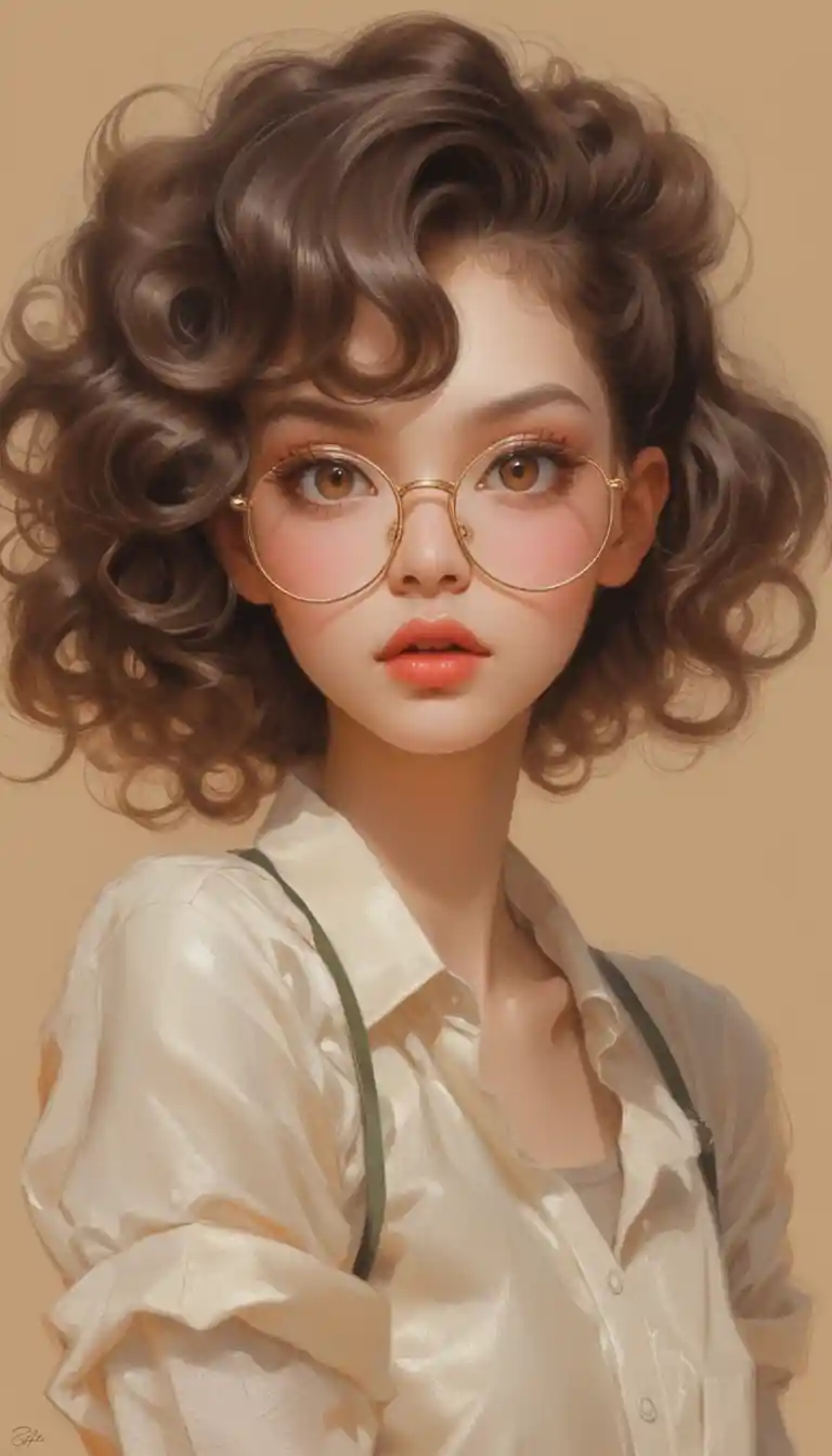 Stylish girl portrait with curly black hair and tinted glasses