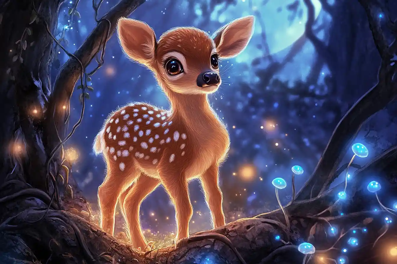 Cute baby deer on a glowing branch in magical forest