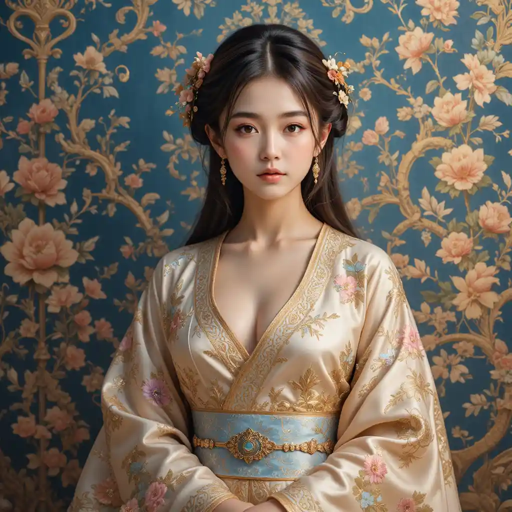 Elegant woman in floral kimono before ornate tapestry backdrop