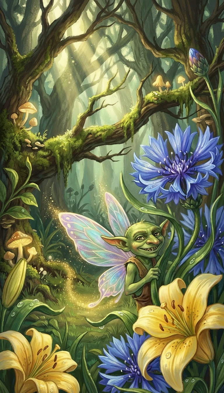 Travieso duende alado escondido entre flores del bosque encantado