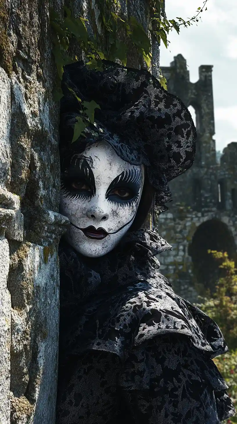 Harlequin figure in black and white amid ruined castle