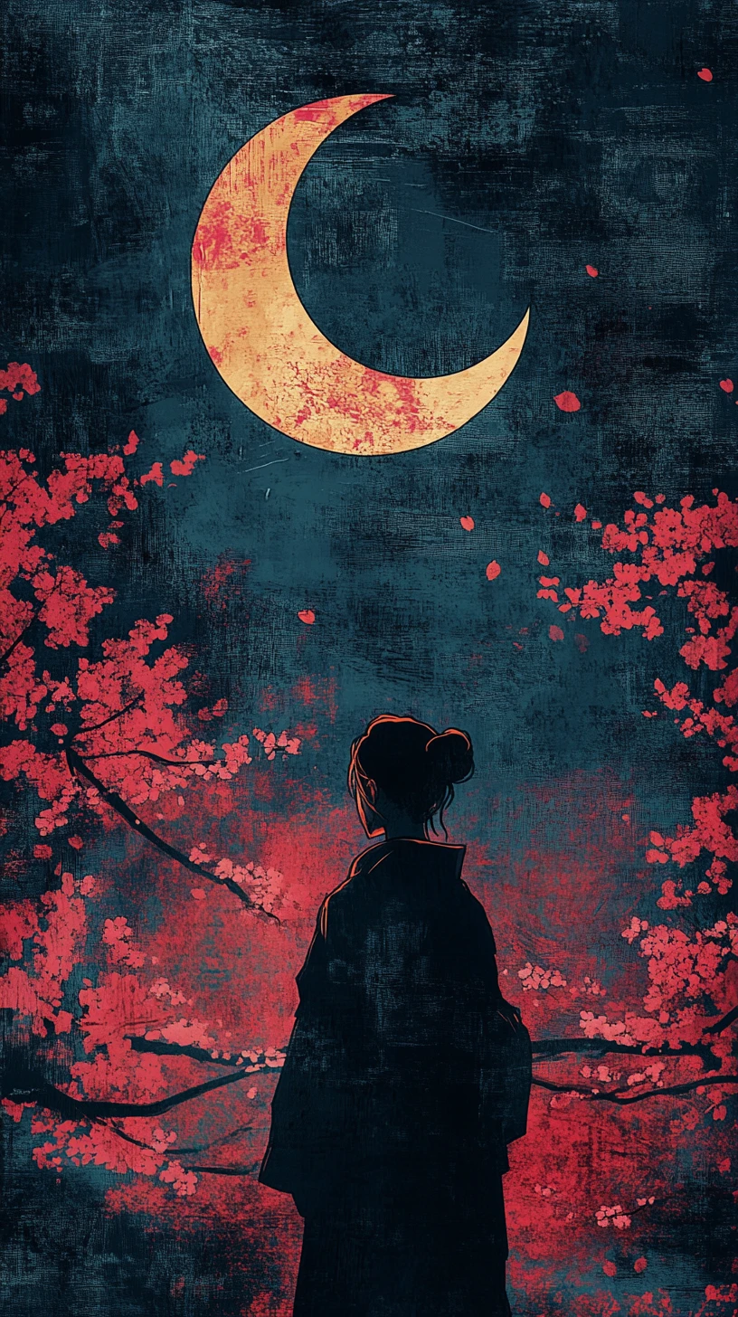 기모노를 입은 여인이 벚꽃 아래서 초승달을 바라보는 장면
