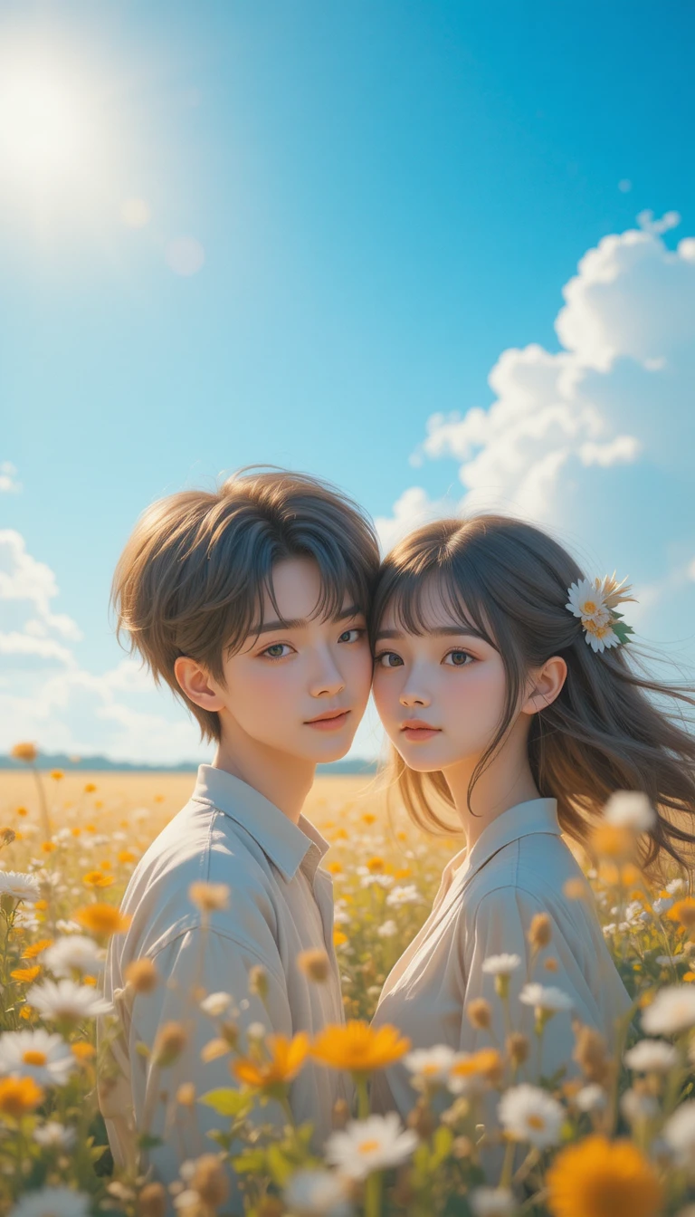 Pareja de anime sonriendo en un campo bañado por el sol al atardecer