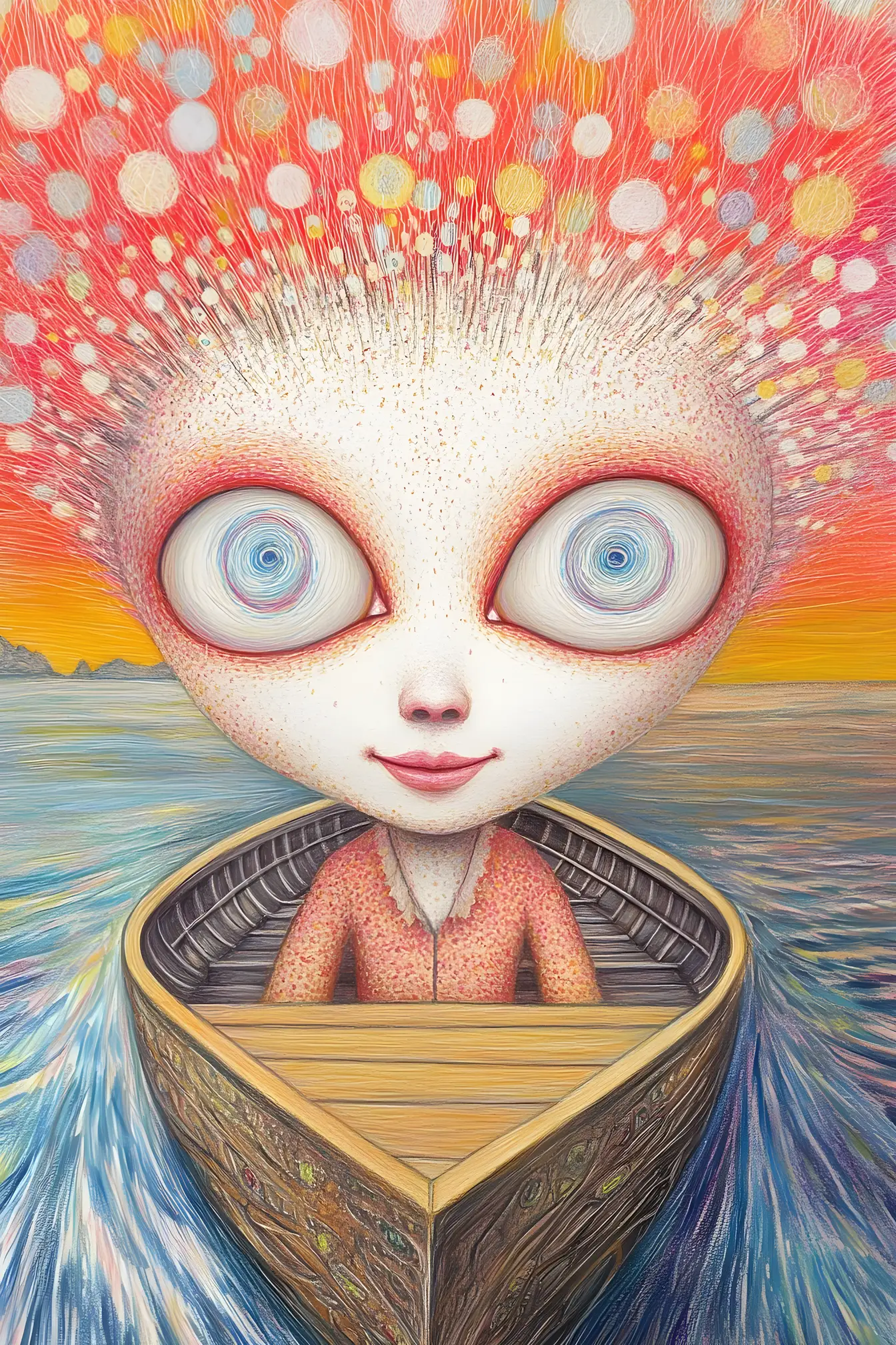 微笑的奇幻木偶駕著小船前往明亮小島