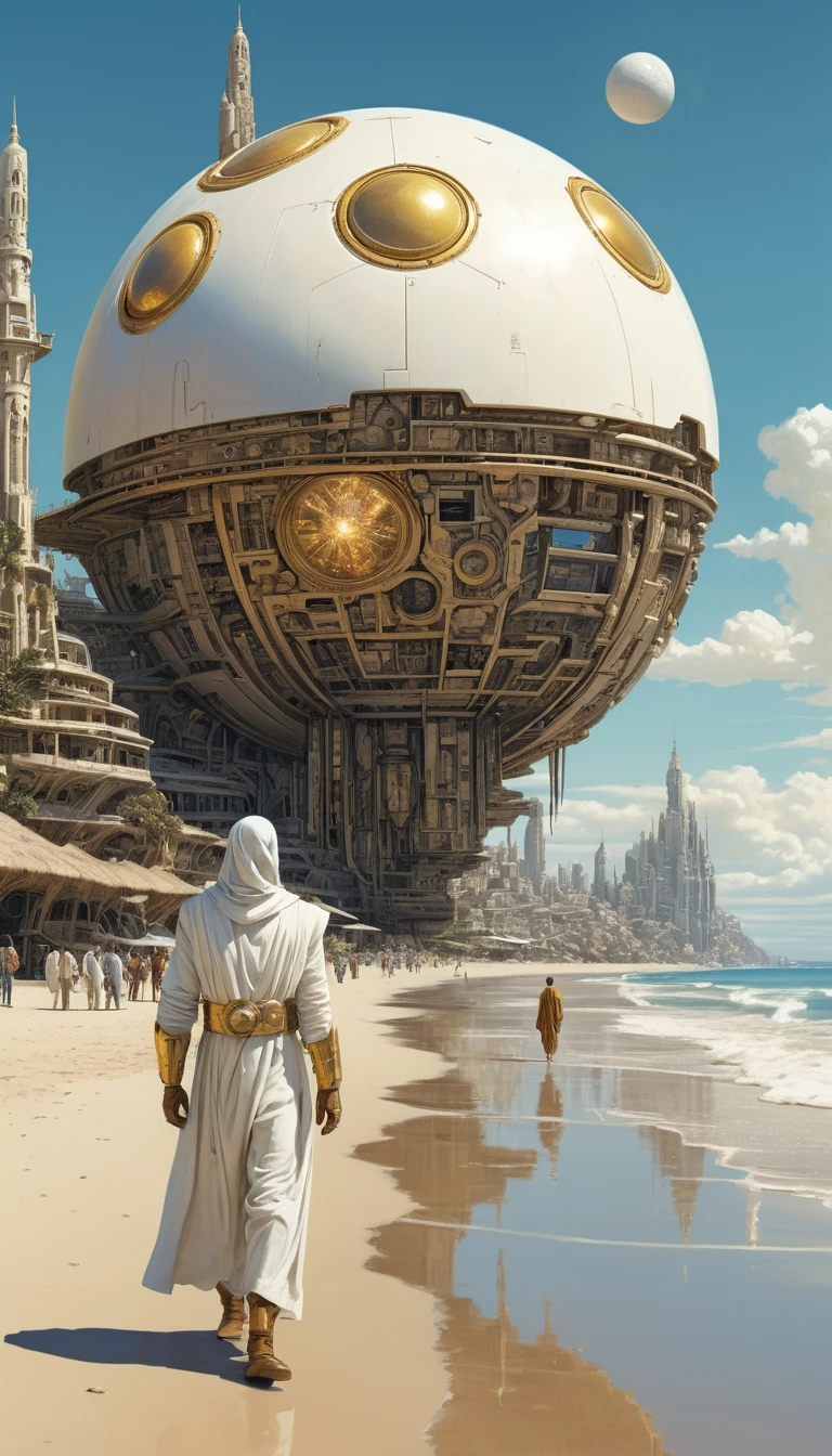 Futuristic coastal crowd walking toward a radiant golden orb
