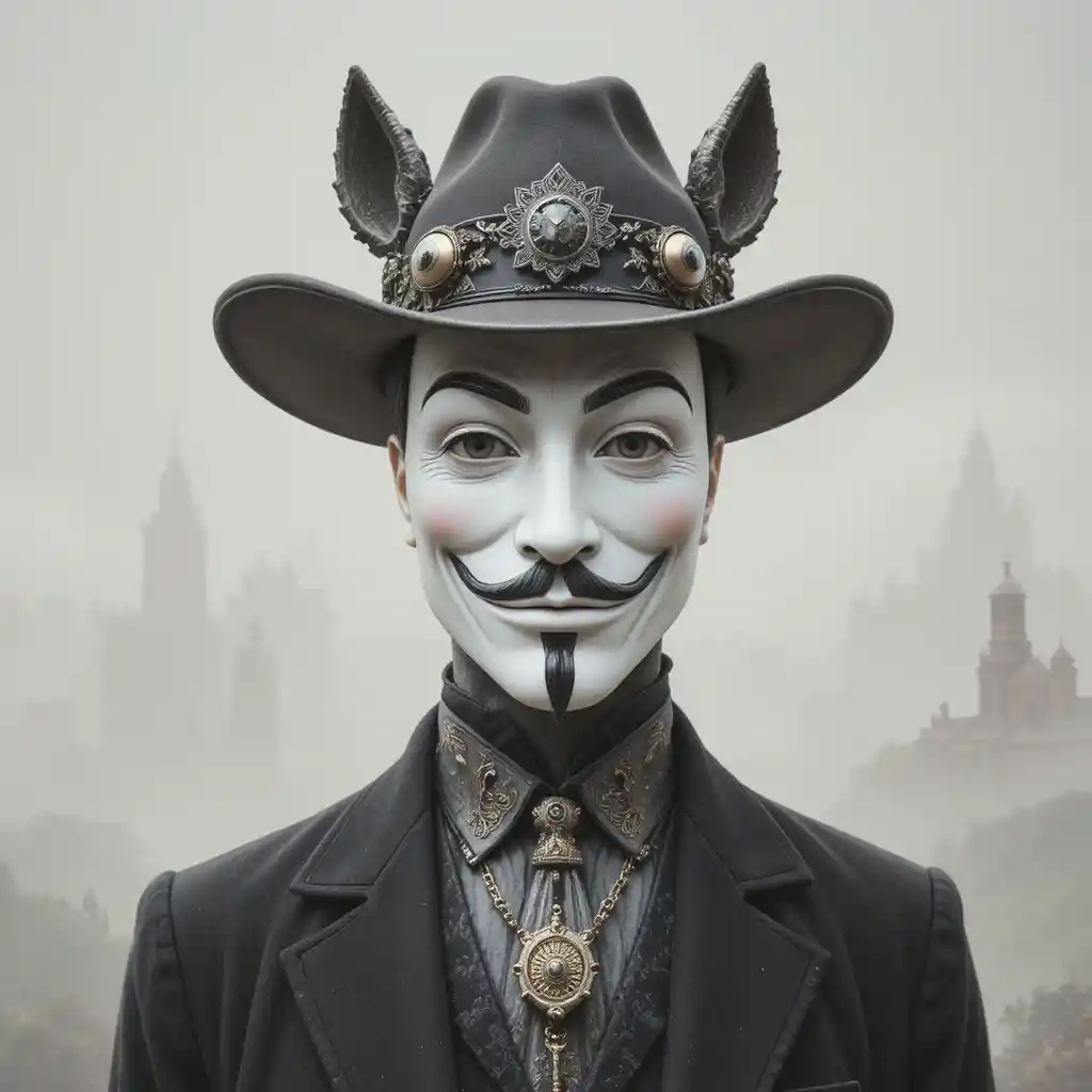 Sheriff surreal con máscara de porcelana en un desierto rocoso