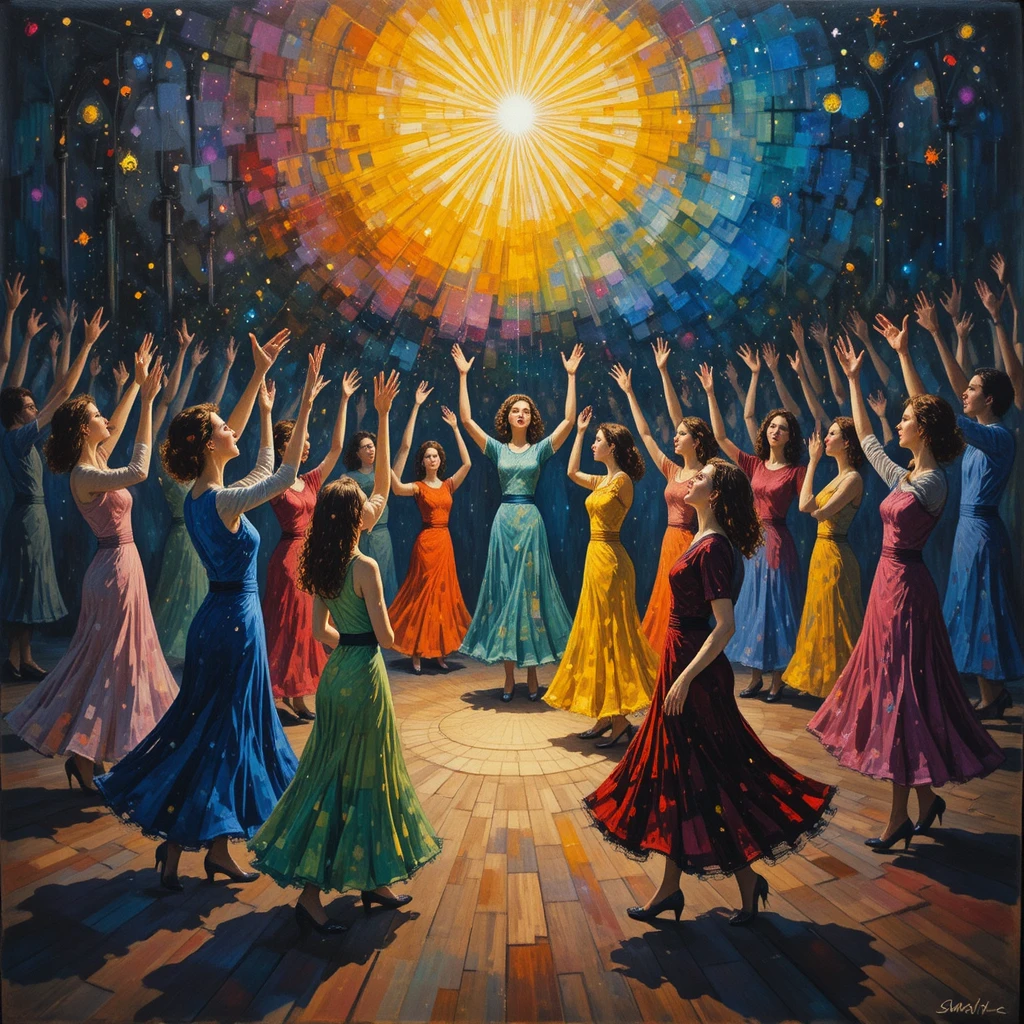 People dancing in a circle under radiant heavenly light
