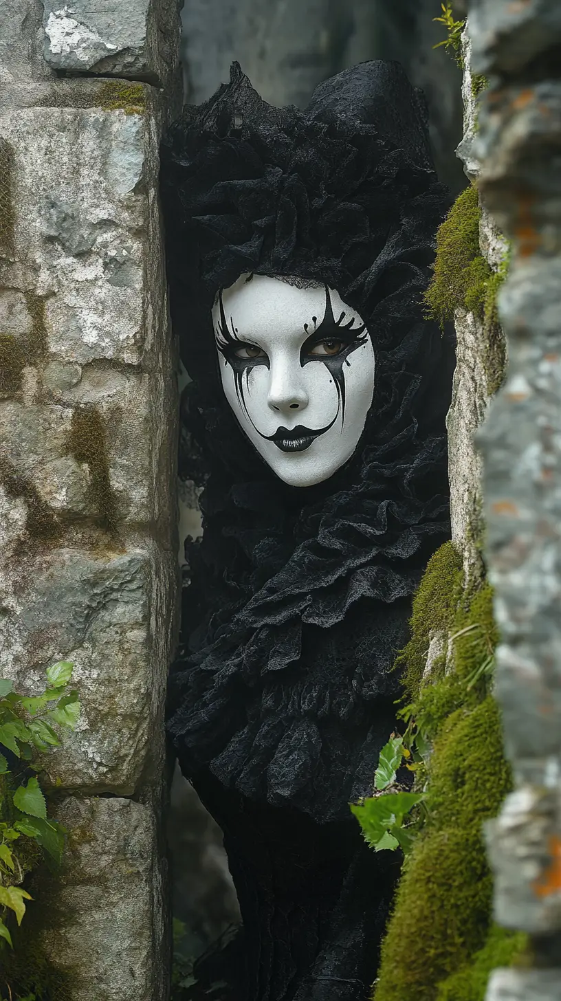 Harlequin figure in black and white amid ancient castle ruins