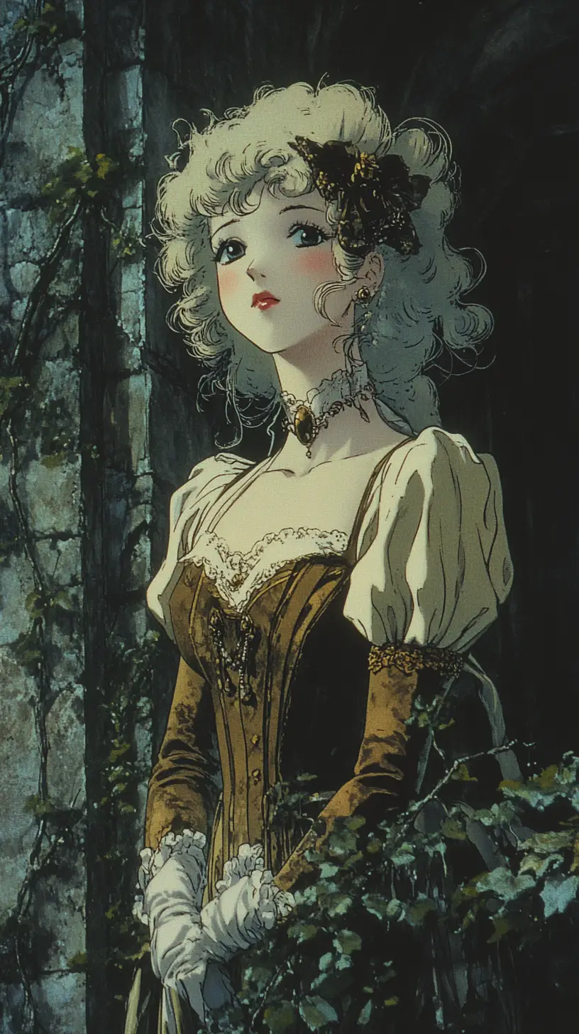 Regal Georgian lady in ruined ivy covered castle courtyard