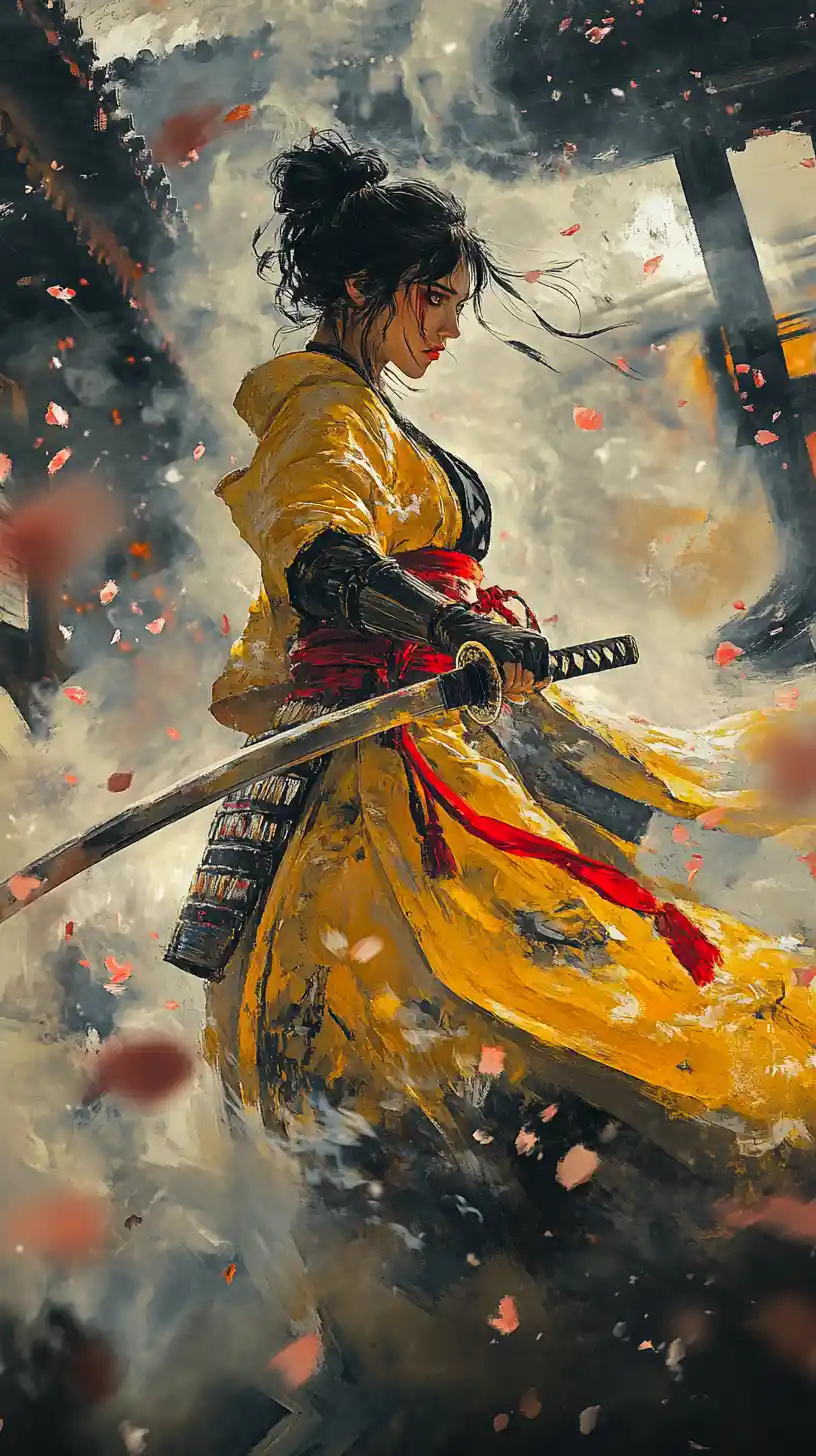 Samurái Femenina Estoica con Katana entre Flores de Cerezo