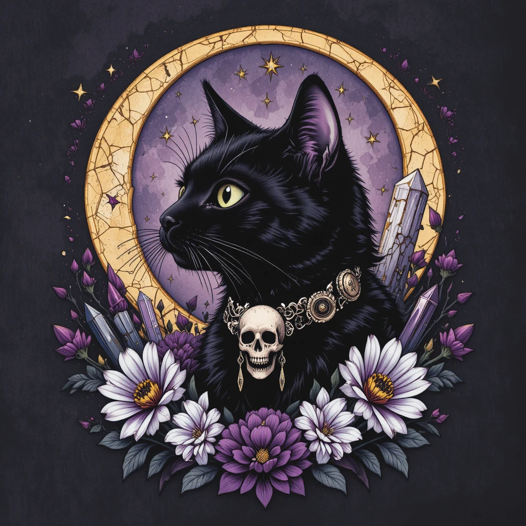 Black Cat Tattoo With Skull Collar And Mystic Elements