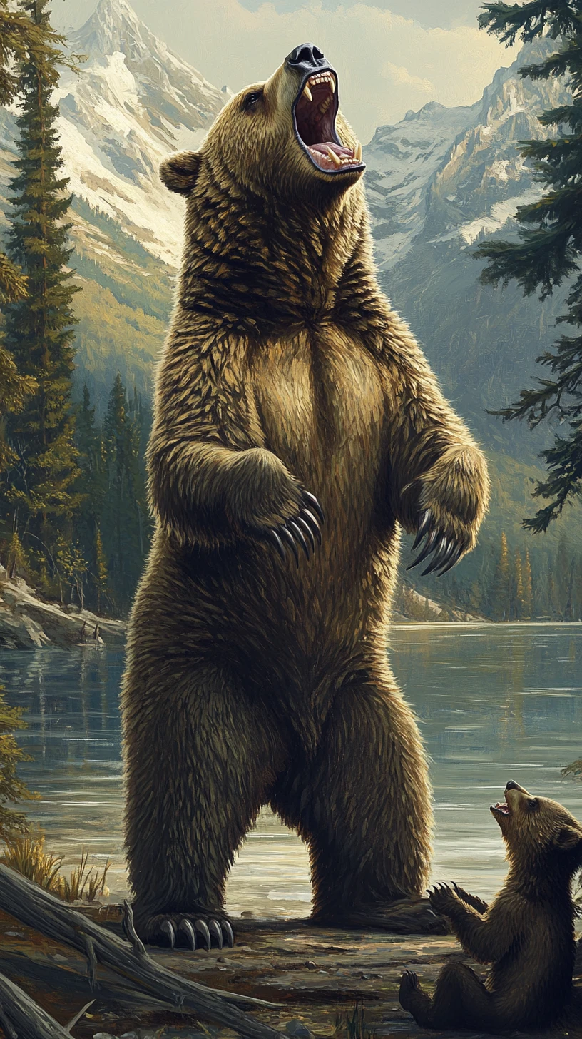 Grizzly ruggente che si staglia sopra una radura nella foresta