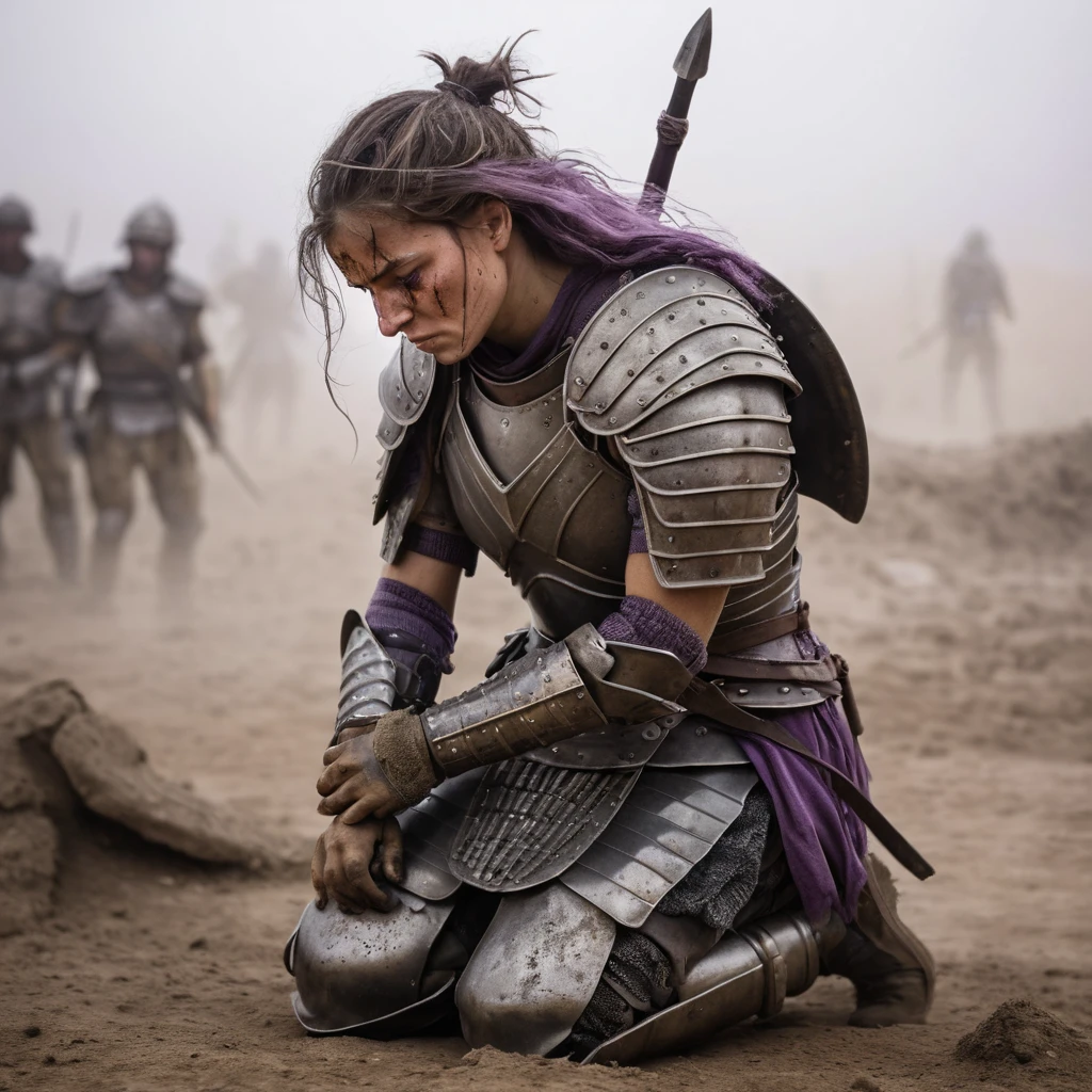 Battle worn female warrior kneeling in a dark battlefield