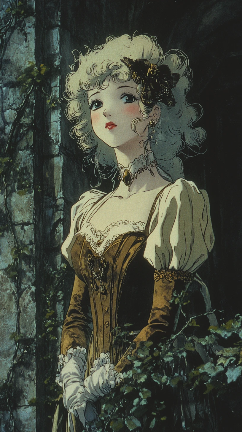 Regal Georgian lady in ruined ivy covered castle courtyard