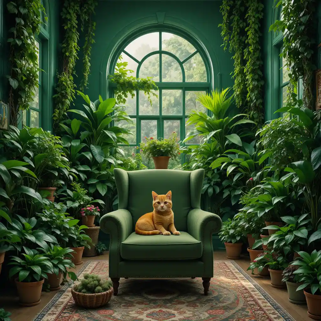 Orange tabby cat resting on a green armchair in jungle room