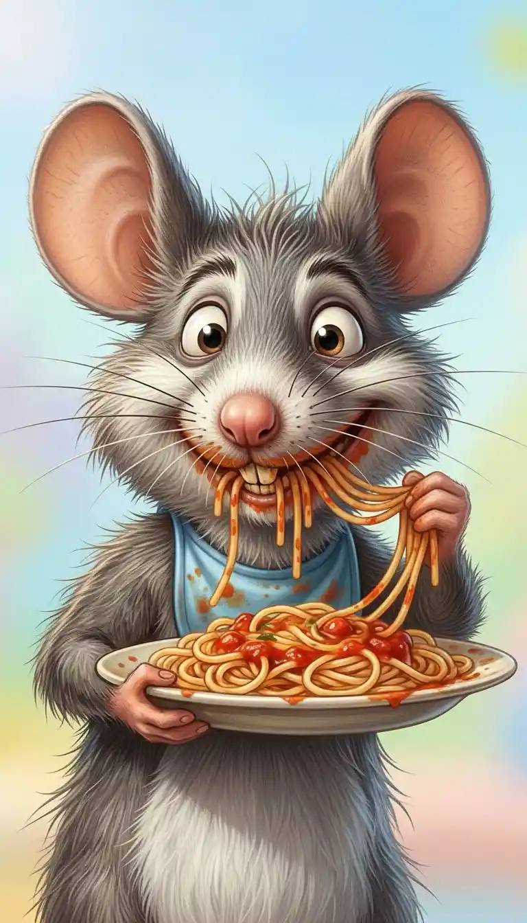 Topo dei cartoni che divora spaghetti su sfondo pastello