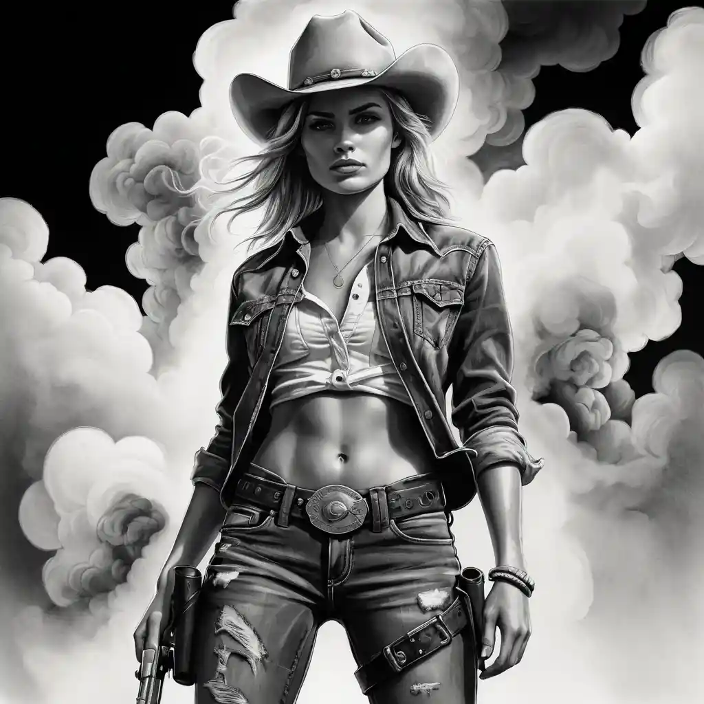 Monochrome Cowgirl, die mit Revolver durch wirbelnden Rauch geht