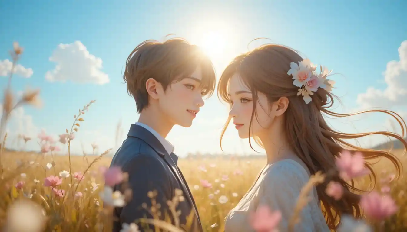 Pareja de anime sonriendo en un campo soleado