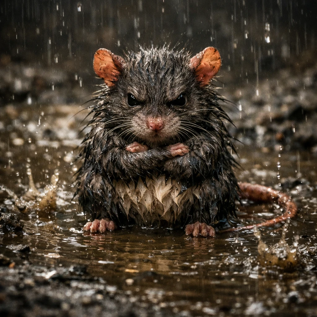 Rata mojada y gruñona sentada en un charco de lluvia embarrado