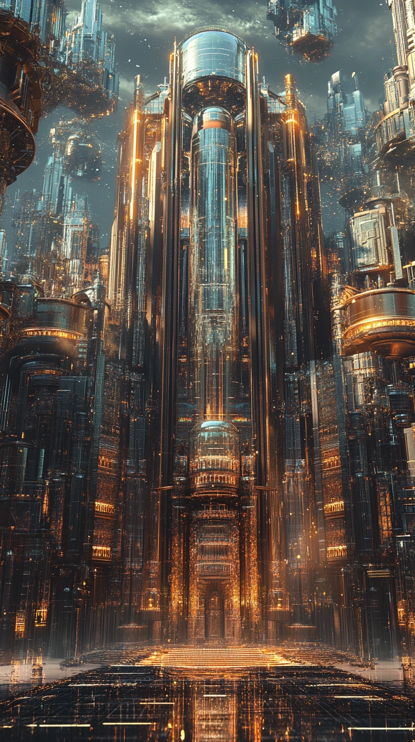 Palácio de Vidro Futurista Erguendo-se Sobre uma Cidade Moderna