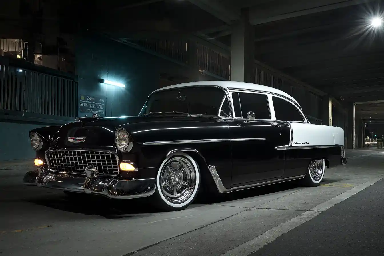 Klassischer Lowrider Bell Air in Schwarz-Weiß mit Chromdetails, geparkt