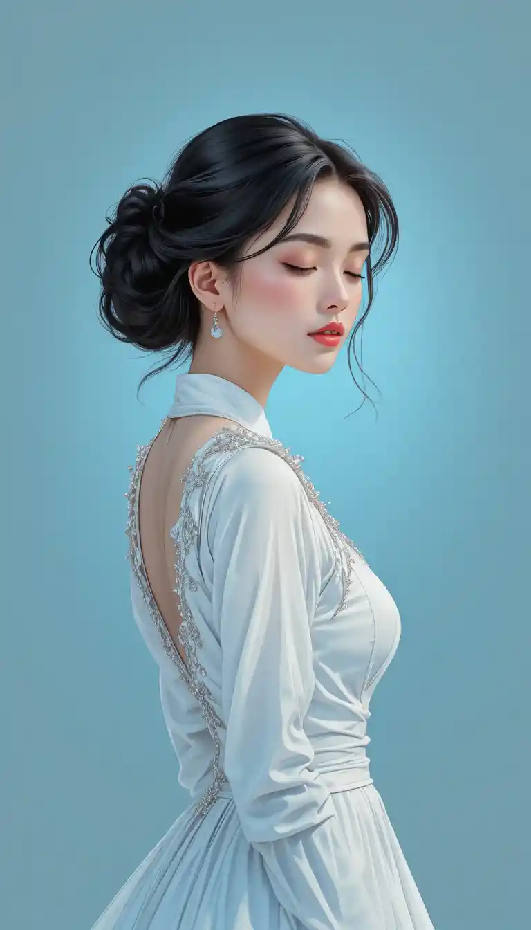Giovane donna elegante in abito bianco con gli occhi serenamente chiusi