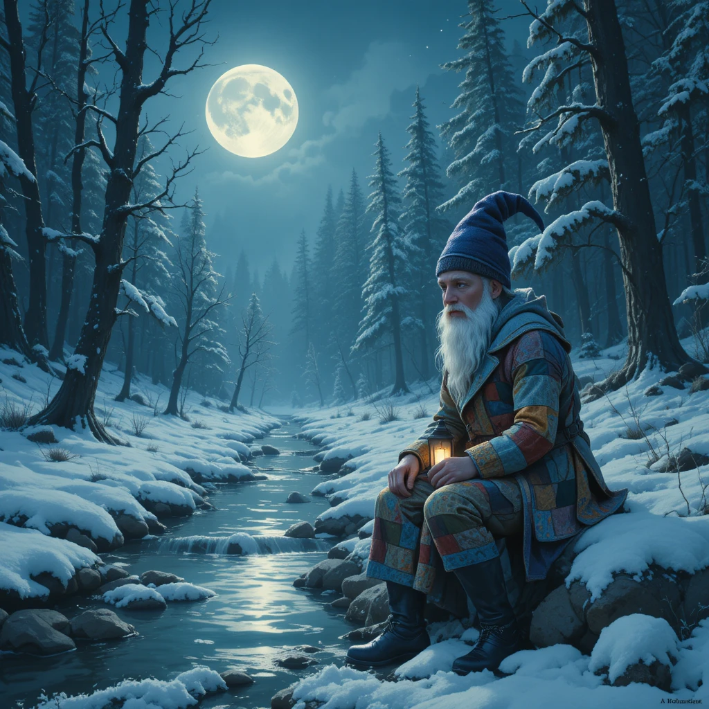 Contemplative gnome by a frozen stream in winter forest