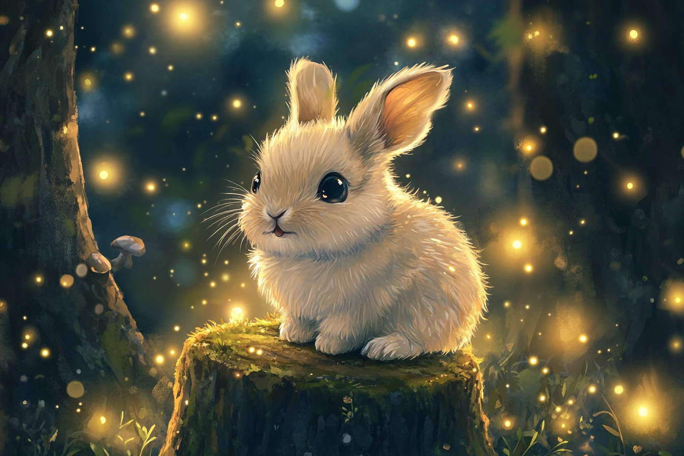 Adorable conejito bebé sobre un tocón brillante en un bosque encantado
