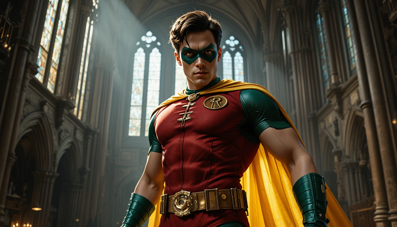 Muscular masked hero posing in a gothic cathedral