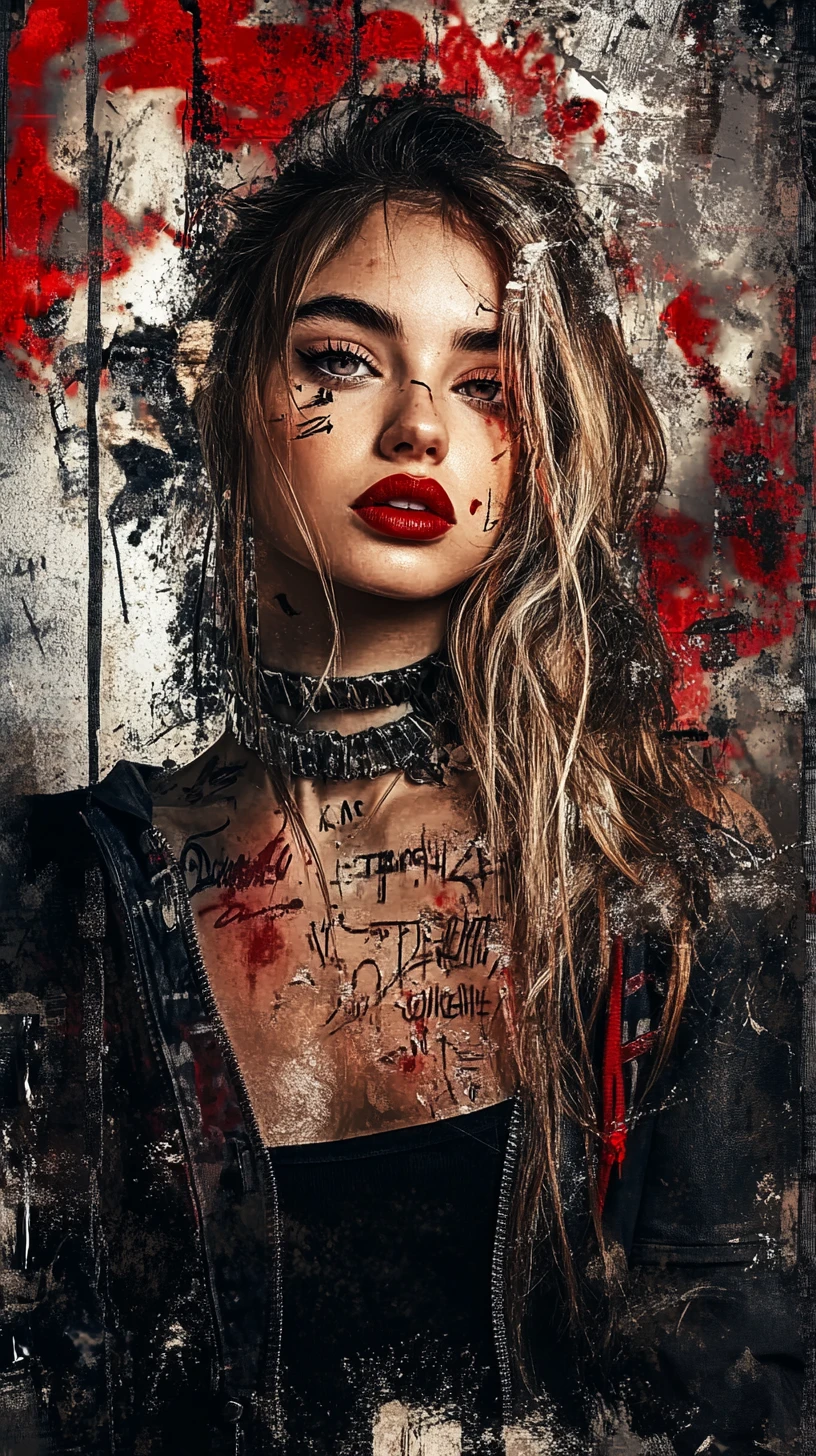 Defiant young woman against chaotic urban graffiti wall